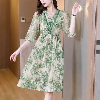 2023, Зелена Коприна с цветен Модел, Елегантен Шик дамски рокли, Промоция, Лятното Модно Ежедневното рокля за бала, на Корейското елегантна Луксозна вечерна рокля