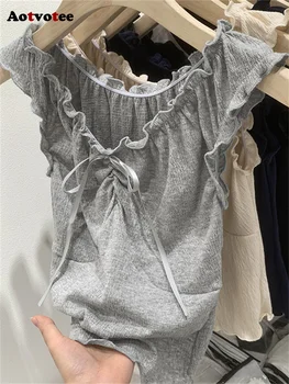 Aotvotee/ Дамски блузи на бретелях, Новост Лятото 2023, модни върхове във френски стил, без ръкави, с V-образно деколте, свободни обикновена върховете на дантела с лък