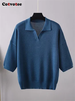 Cotvotee, Върховете на размер Плюс за Жените, Възли тениски с отложным яка, 2023, Модни Летни Блузи с къси ръкави, Свободни Пуловери, Блузи
