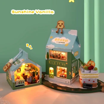 DIY Wooden Куклена Къща Мини Ягодово торта Кутия за мляко на Миниатюрна Къщичка с набор от мебели за сглобяване на играчки за деца, Подарък за момичета Casa