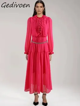 Gedivoen Лятното Модно Дизайнерско Розово-червено винтажное рокля с кръгло деколте И аппликацией във формата на диамант юздите, Тънка дълга рокля с висока талия
