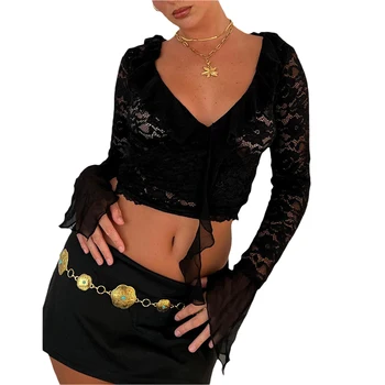 GuliriFei/ Дамски Летни панталони блузи Черен на Цвят, с дълъг ръкав и V-образно деколте, прозрачни блузи с волани на изход