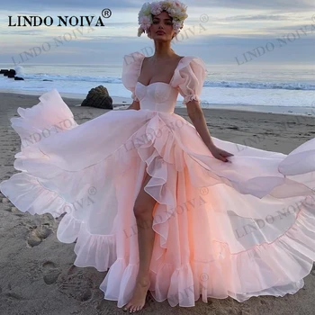 LINDO NOIVA/ детски розови рокли за бала от органза с къси, буйни, с дълъг ръкав и набори, вечерни рокли с цепка, вечерна женствена рокля на Принцеса