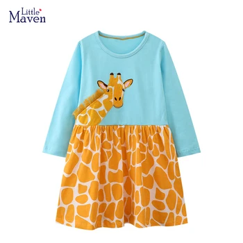 Little maven 2023, Детски дрехи За момиченца, дрехи с дълги ръкави и анимационни бродерия във формата на жираф, Памучен есенна ежедневни облекла за деца