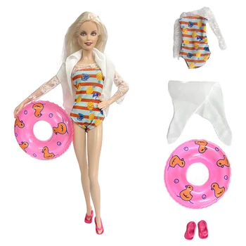 NK 1 Комплект 30 см, Сиамски бански-бикини с кружевными ръкави Принцеси + Чехли + Плувен шамандура за Барби кукли, Аксесоари, подарък играчка за момичета