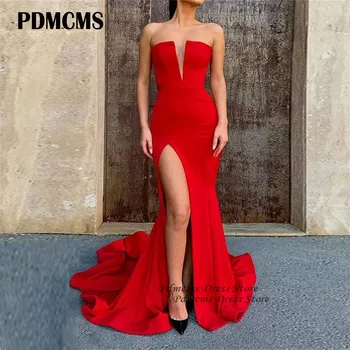 PDMCMS, Секси червени рокли на Русалка за бала с висока цепка отпред, Дълбоко V-образно деколте, панделка за официални партита, Сатен, халат за баня, Елегантна вечерна рокля