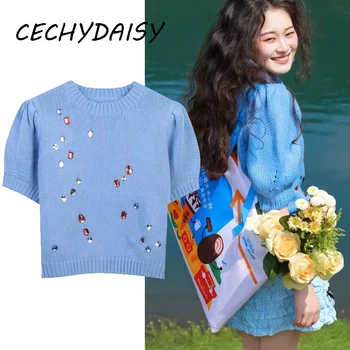 Zevity / Crochet пуловери, Дамски пуловери, с кръгло деколте, цветни Диаманти, Корейската мода, Ежедневни сини блузи, Пуловери, Новост в облеклото