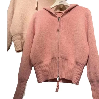 Вязаный жилетка, женски есента с нов дизайн, чувство темперамент, всекидневни пуловер с качулка в двоен цип, кратък обикновен пуловер, яке