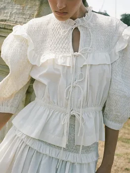 Дамска блуза с волани, зашити с кръгло деколте, пищните ръкави, елегантна риза с дантела