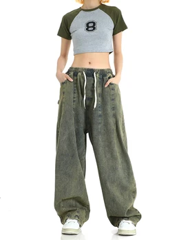 Дамски Реколта широки дънки, джинси Оверсайз с висока талия, Панталони 90-те, Модни Градинска облекло в корейски стил Y2k Harajuku, Каубойски панталони, Дрехи