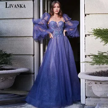 Дамски официални рокли LIVANKA Modern Ceremony трапецовидна форма, Подвижни дълъг ръкав-фенерче, Блестящ тюл, Апликации от дантела
