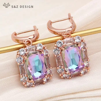 Дизайн на S & Z, Нова мода, Розово злато Проба 585, Правоъгълни обеци с кристали За жени, бижута Сватба, Кубичен цирконий, подарък