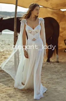 Доброто Гръцки плажни рокли сватба с вътрешен корсет, ръкави-крилца, Плисе Драпирани сватбени рокли в стил Бохо от копринен тюл