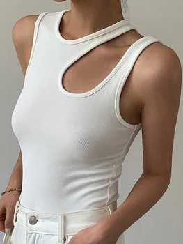 Ежедневни Бяла тениска с кръгло деколте, без ръкави, Корейски Тънки тениски, Дамски дрехи, Лятна мода 2023 г.