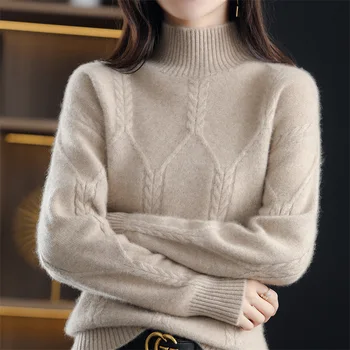 Есенно-зимния пуловер за жени, нов пуловер с висока воротом, вязаная свободна риза от дебела дъното, жена тенденция