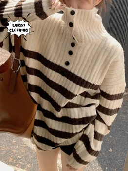 Есенно-зимно модно корейското издание, Пуловер със средна дължина, с високо воротом, контрастен шарен пуловер, Дамски Елегантен Топъл пуловер с дълъг ръкав