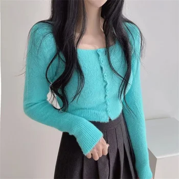 Есента норковый вълнен съкратен вязаный пуловер, женски обикновен пуловер с дълги ръкави, оборудвана квадратен яка, сексуална връхни дрехи Y2k, жилетка T054