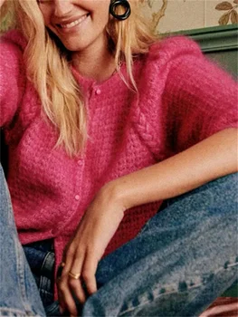 Жена монофонични вязаный жилетка с пищни ръкави, Есен 2023, Нов дамски универсален Однобортный ретро пуловер с кръгло деколте