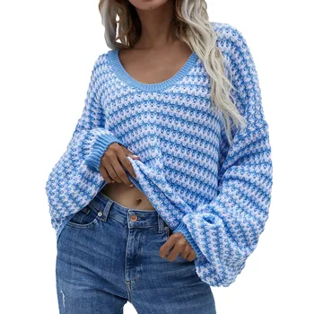 Жена пуловер на райета, Женски вязаный пуловер с V-образно деколте, Дамски пуловер с кант, Мъжки пуловер с V-образно деколте, Тънка