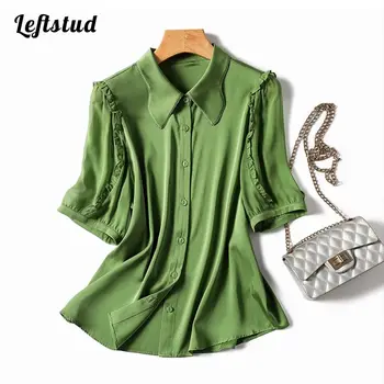 Зелена шифоновая риза, Дамска Лятна новост, отложной яка, къс ръкав с набори, Удобна гъвкавост, Модни дамски блузи 2023