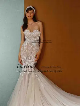 Изискани сватбени рокли на Русалка с бродерия 3D цветя, Сватбена рокля без ръкави, с кръгло деколте и придворен влак Vestido De Новия