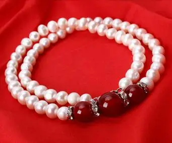 Истински натурален 8-9 мм, естествен бял култивирани перли и червен нефрит, огърлица със скъпоценни камъни, 18 