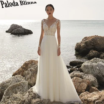 Класическа Сватбена рокля Paloda от тюл 2023, V-образно деколте, Дантелени апликации, копчета, Дълги ръкави, Илюзия трапецовидна форма, Лицето оформяне