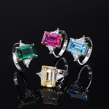Класически 10 *14 мм, Синьо, жълто, Розово, Зелено Продълговати Пръстен с Высокоуглеродистым диамантен пръстен За жени, Бижута от сребро S925, подарък за годишнина
