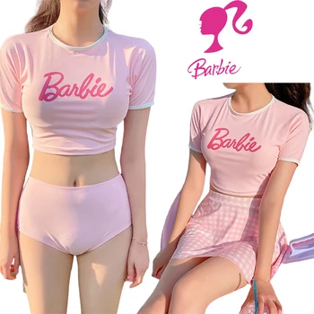 Комплект от 3 теми, бански принцеса Барби, аниме, модни дамски розова лятна мека дрехи за плуване, Kawaii Y2K, панталони за момичета, пола-бикини