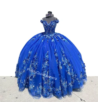 Кралско Синьо Пищни рокли, спагети презрамки с 3D Цветя, Дантелен Корсет с открити рамене, Бална рокля по поръчка, Vestidos De 15 Años