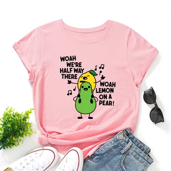 Креативна дамски памучен тениска с изображение на круша, лимон и плодове, кръгъл отвор, Без всекидневни женски топ голям размер с къс ръкав