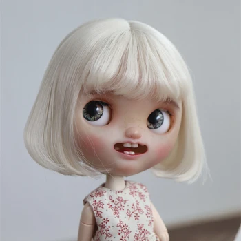 Куклен перука BJD подходящ за куклено аксесоари размер Blythe, играчки къдрици, високотемпературни коприна коса, въздушна бретон прическа боб