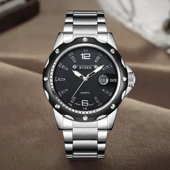 Луксозна марка BIDEN, Ново записване, Мъжки бизнес часовник, каишка от неръждаема стомана, кварцов часовник с календар, добър Коледен подарък