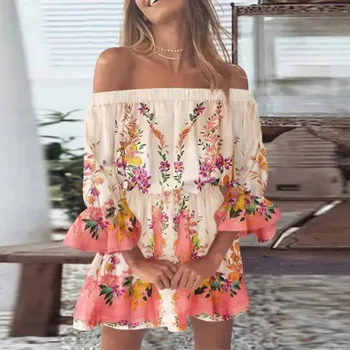 Лятото Сексуалното Модно рокля с принтом на шията, Дамски дрехи, Елегантно Ежедневно Плажна рокля в бохемски стил с дълъг ръкав и по-отворени рамене, Новост рокля