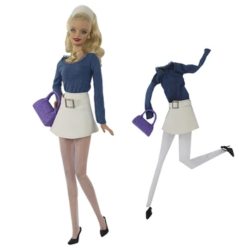 Модерна Бяла Кожена пола, Блузи с дълги ръкави, Обувки, Чорапи, Чанта, комплект дрехи за кукли Барби, Облекло за кукли 1/6, Аксесоари за кукли