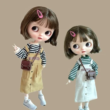 Модерна пола на подтяжках за кукли Blyth или тениска на райета, Ежедневни Градинска дрехи за кукла Blythe OB24 1/6, Основно облекло под Роклята