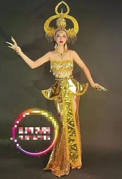 Музикално Празнично Шоу съвременна Певица, комплект дрехи Heagear, Луксозен златен костюм Танцьори