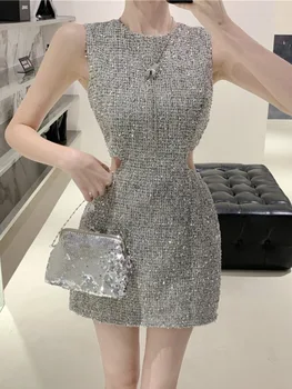 Нови Корейски елегантни модни Луксозни монтиране на вечерни рокли за жени, секси лятна рокля без ръкави Y2k Vestidos
