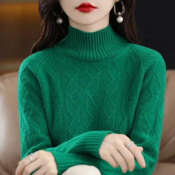 Обикновен пуловер с ромбовидным жаккардом, вязаный с полувысоким яка, есенно-зимния Свободен пуловер с дълги ръкави, дебели