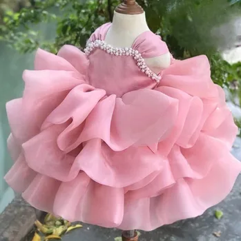 Пищни Розова рокля от Органза за малки момичета, Пакет за деца, дрехи за Рожден Ден, Празнична рокля за Първо Причастие с лък