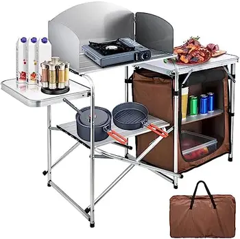 Походный кухненска маса, Алуминиева преносима сгъваема туристическа кухня станция на предното стъкло, 1 гардероб, органайзер за съхранение, чанта за носене,