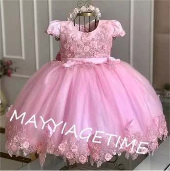 Розова бална рокля, рокля с цветя модел за момичета на сватба, с къси ръкави, рокли за рожден ден с 3D аппликацией за деца и лък