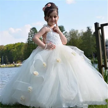 Рокля за момиче в едно цвете, Сватбена рокля с аппликацией от бял пухкав тюл, Елегантен Малко цвете, Бална рокля за Първия Евхаристического рожден ден на детето