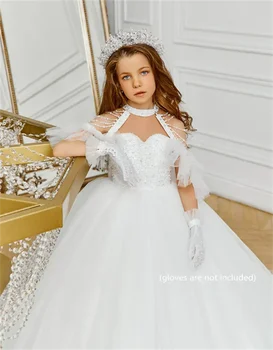 Рокля с цветя модел за момичета Бели Пухкави Многослоен тюл с лъскава аппликацией Сватбена Елегантна рокля с цветя модел за Първо Причастие на детето