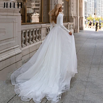Сватбени рокли JEHETH с дълбоко V-образно деколте 2023, Дълги ръкави, Блестящо сватбена рокля от тюл, Очарователно Принцеса Рокля Трапецовидна форма с отворен гръб, vestidos de noiva