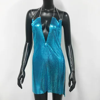 Секси Синя Вечерна рокля-кольчуга с веригата, Дълбоко V-образно деколте, Самостоятелна подгъва, Метална рокля-комбинация на бретелях с отворен гръб