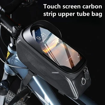 Смонтируйте със сензорен екран карбоновую горната тръбна чанта за планински велосипед, по-голяма капацитет, 6,5-инчов чанта за мобилен телефон със сензорен екран