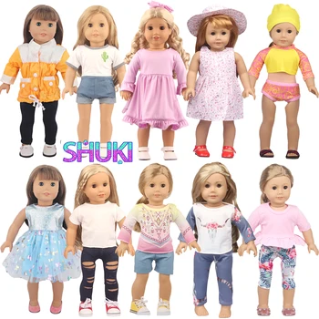 Тениска с кактусом + дънкови къси панталони, рокля с цветен модел + шапка, комплект дрехи за кукли-фламинго за новороденото бебе от 18 см в американски стил и 43 виж Кукла ДВ, Life Момиче