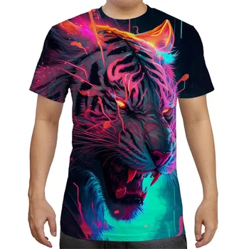 Тениски с 3D принтом животни, Тигри, Лъвове, Лисици, за Мъже, y2k, Цветни Потници, Тениска в стил Харадзюку, Модна тениска, Дамски Дрехи, Детски Къс Ръкав