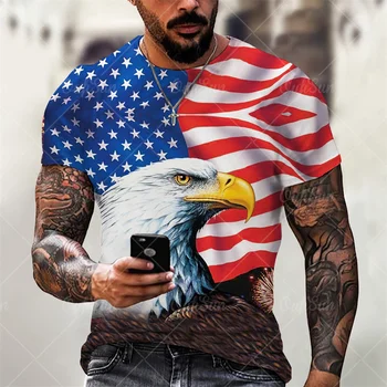 Тениски с принтом хартата на Съединените Щати, реколта мъжка тениска с принтом орел, много големи мъжки ежедневни блузи, уличен къс ръкав